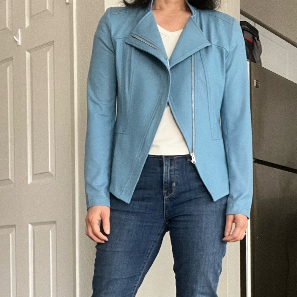 Clara Sunwoo Signature Jacket in Sky Blue Liquid Leather fabric